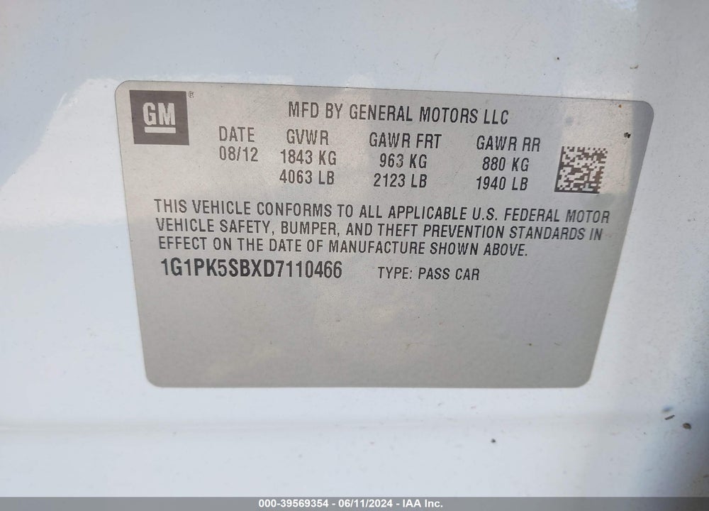 2013 CHEVROLET CRUZE LT VIN: 1G1PK5SBXD7110466