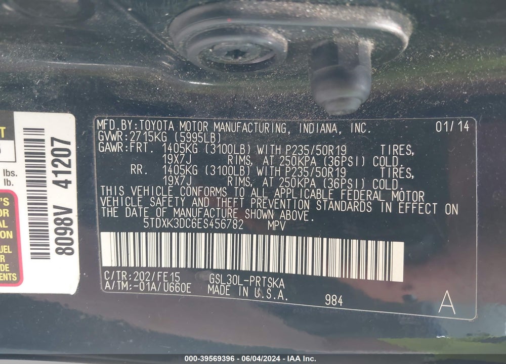 2014 TOYOTA SIENNA SE 8 PASSENGER VIN: 5TDXK3DC6ES456782