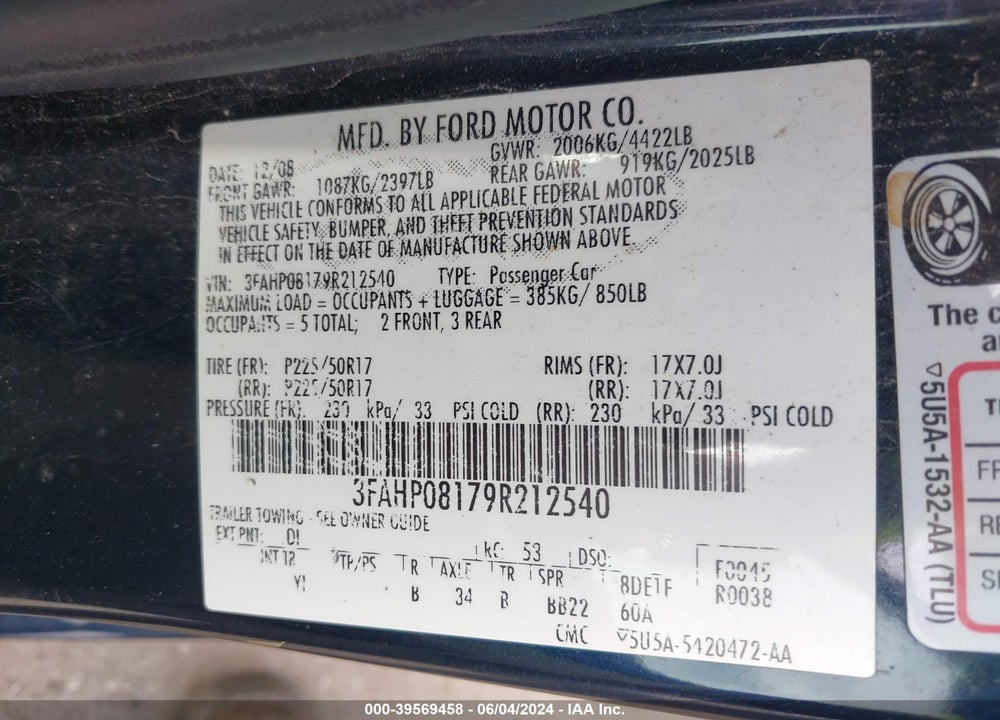 2009 FORD FUSION SEL VIN: 3FAHP08179R212540