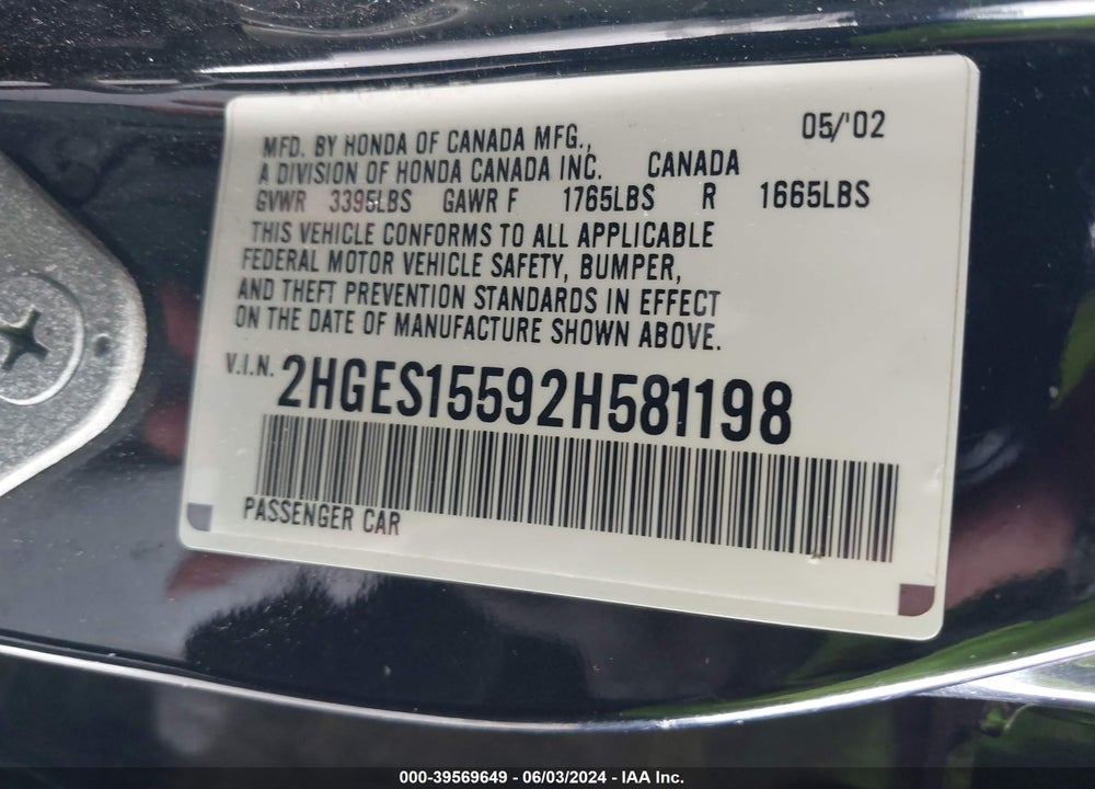 2002 HONDA CIVIC LX VIN: 2HGES15592H581198