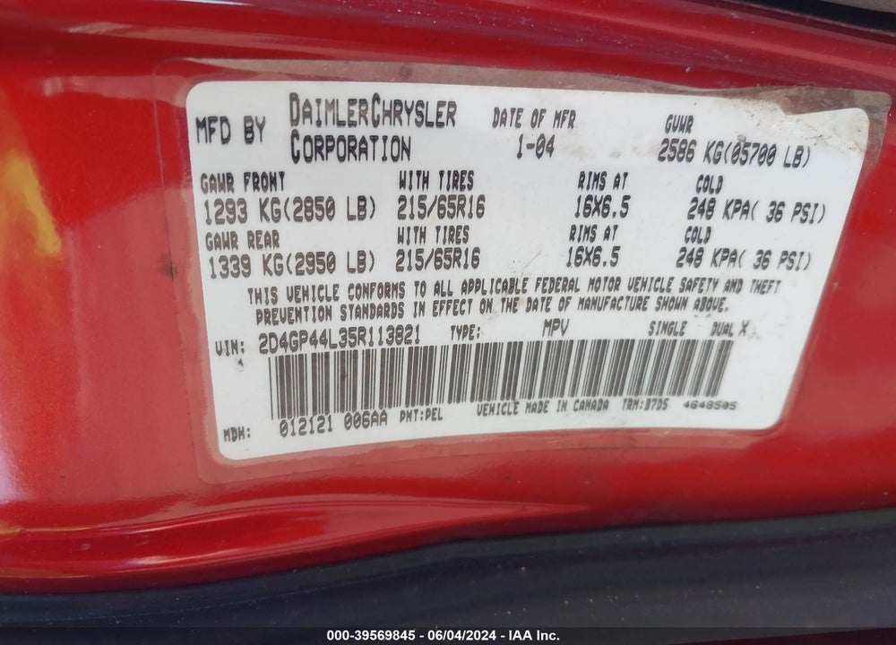 2005 DODGE GRAND CARAVAN VIN: 2D4GP44L35R113821