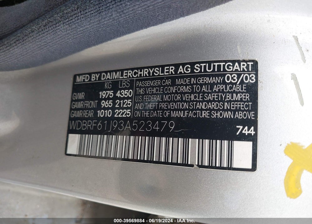 2003 MERCEDES-BENZ C 240 VIN: WDBRF61J93A523479
