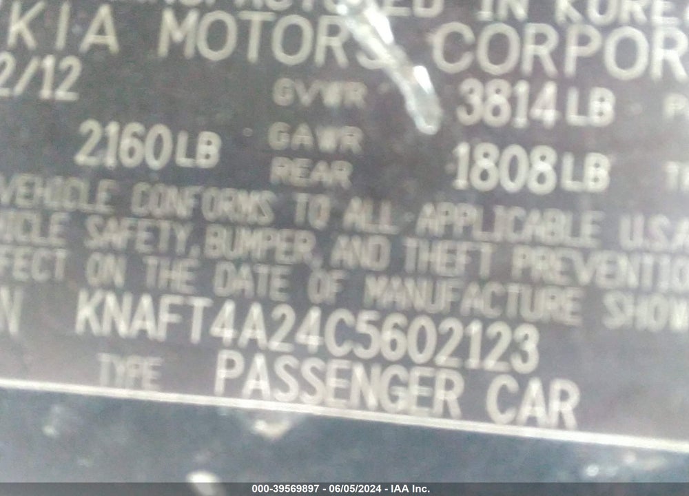 2012 KIA FORTE VIN: KNAFT4A24C5602123