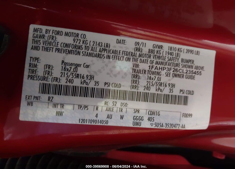 2012 FORD FOCUS SE VIN: 1FAHP3F26CL235455