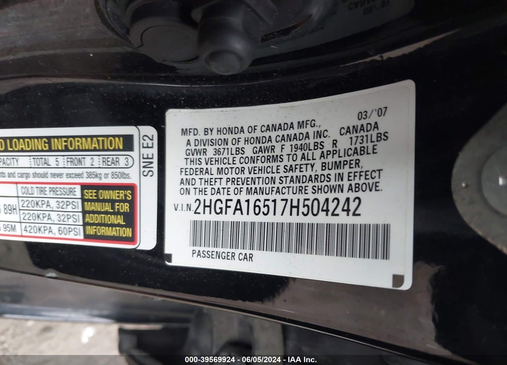 2007 HONDA CIVIC LX VIN: 2HGFA16517H504242