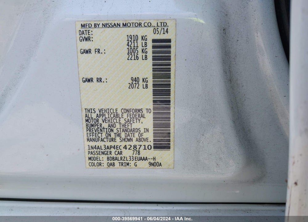 2014 NISSAN ALTIMA 2.5 S VIN: 1N4AL3AP4EC428710