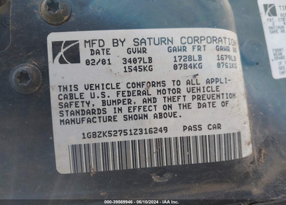 2001 SATURN SL2 VIN: 1G8ZK52751Z316249