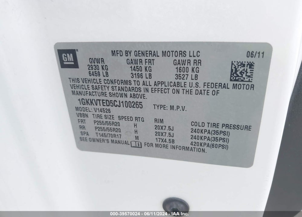 2012 GMC ACADIA DENALI VIN: 1GKKVTED5CJ100265