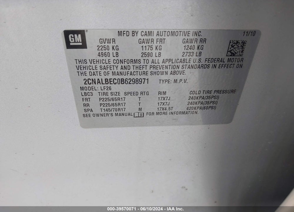 2011 CHEVROLET EQUINOX LS VIN: 2CNALBEC0B6298971