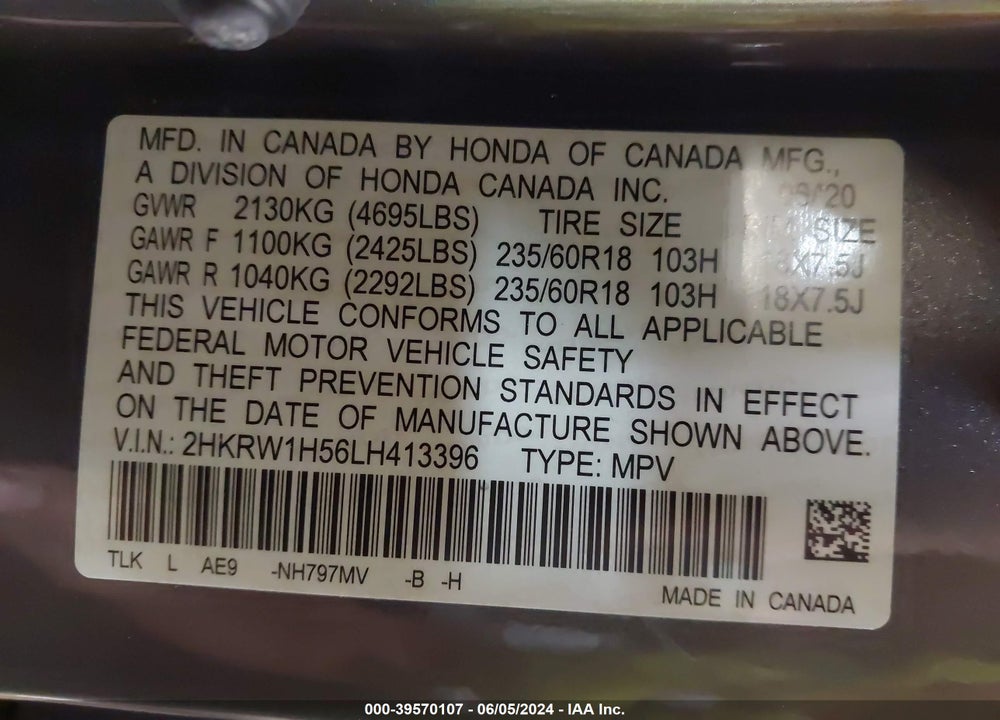 2020 HONDA CR-V 2WD EX VIN: 2HKRW1H56LH413396