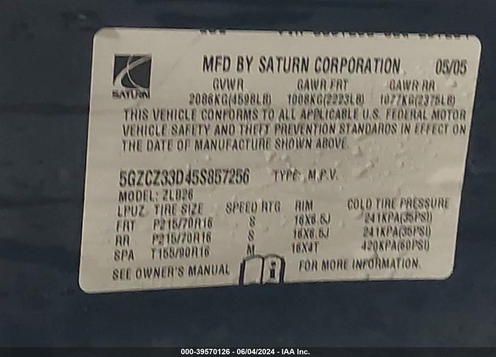 2005 SATURN VUE 4 CYL VIN: 5GZCZ33D45S857256