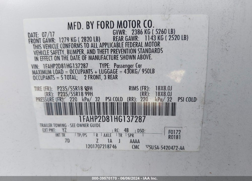2017 FORD TAURUS SE VIN: 1FAHP2D81HG137287