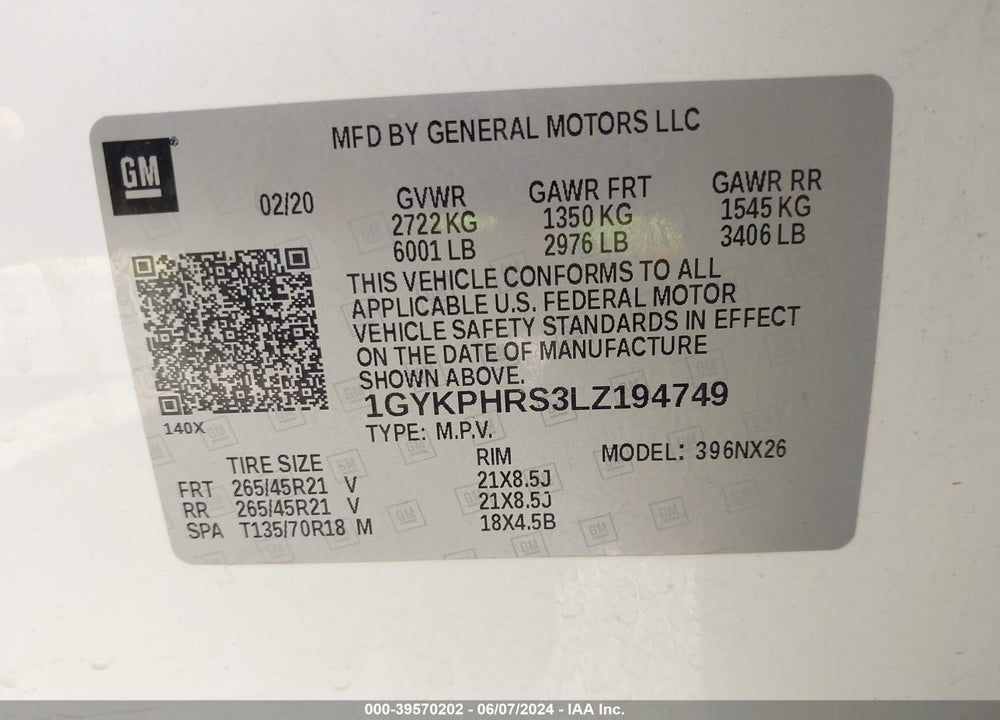 2020 CADILLAC XT6 AWD SPORT VIN: 1GYKPHRS3LZ194749
