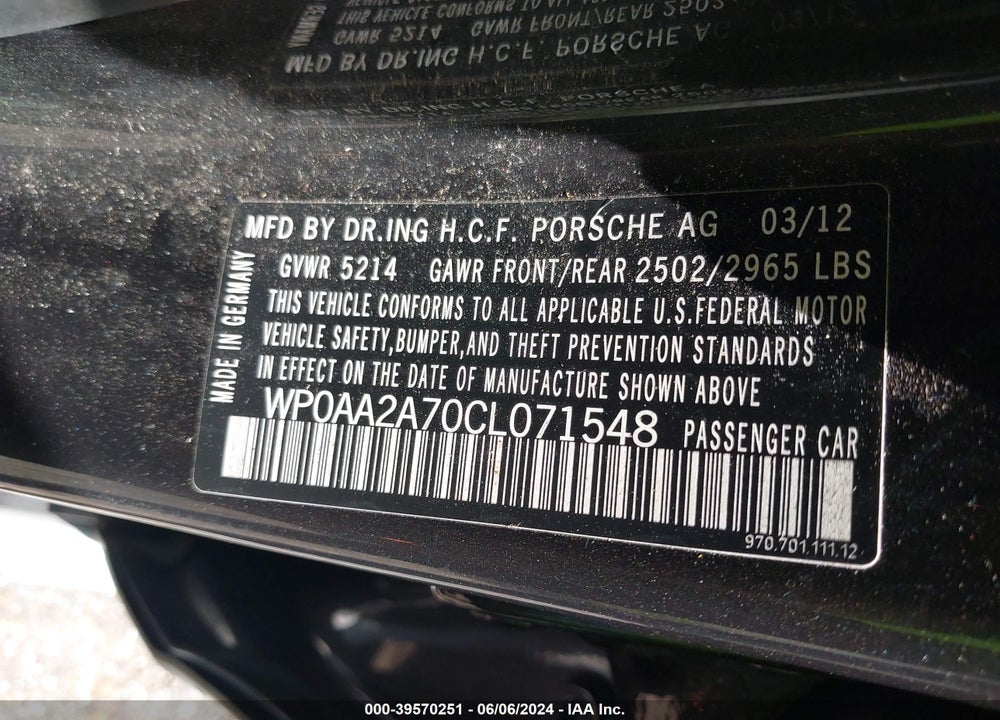 2012 PORSCHE PANAMERA 4 VIN: WP0AA2A70CL071548