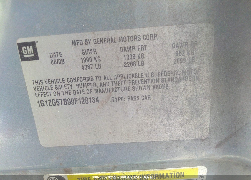 2009 CHEVROLET MALIBU LS VIN: 1G1ZG57B99F128134