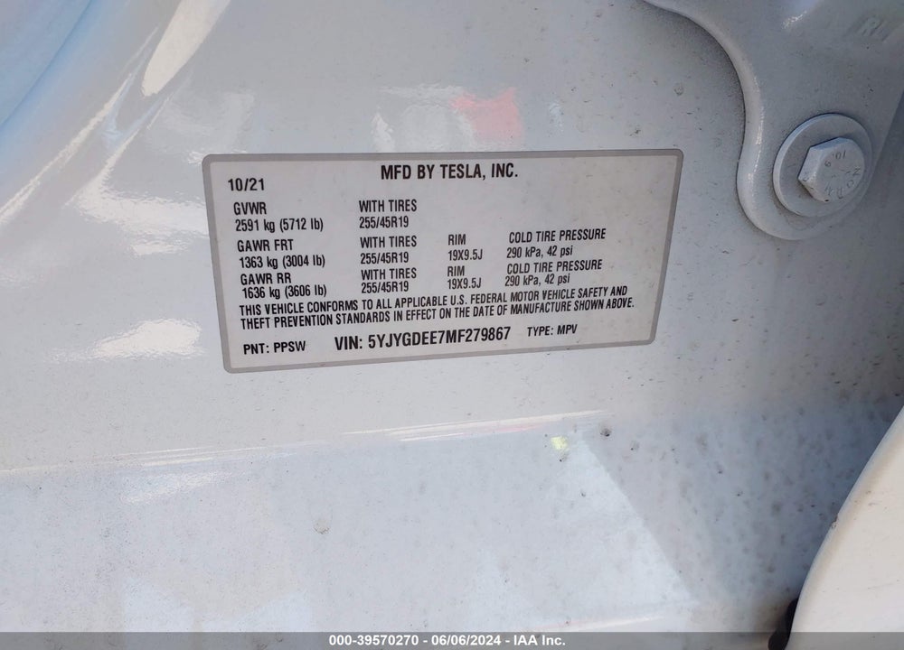 2021 TESLA MODEL Y LONG RANGE DUAL MOTOR ALL-WHEEL DRIVE VIN: 5YJYGDEE7MF279867