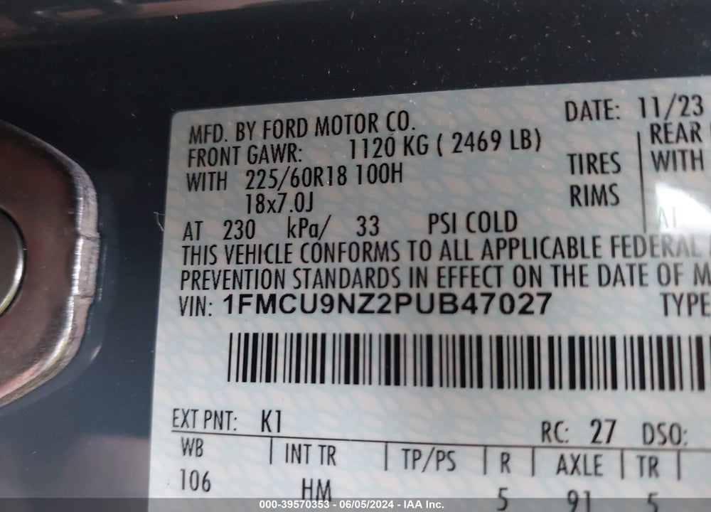 2023 FORD ESCAPE ST-LINE SELECT VIN: 1FMCU9NZ2PUB47027