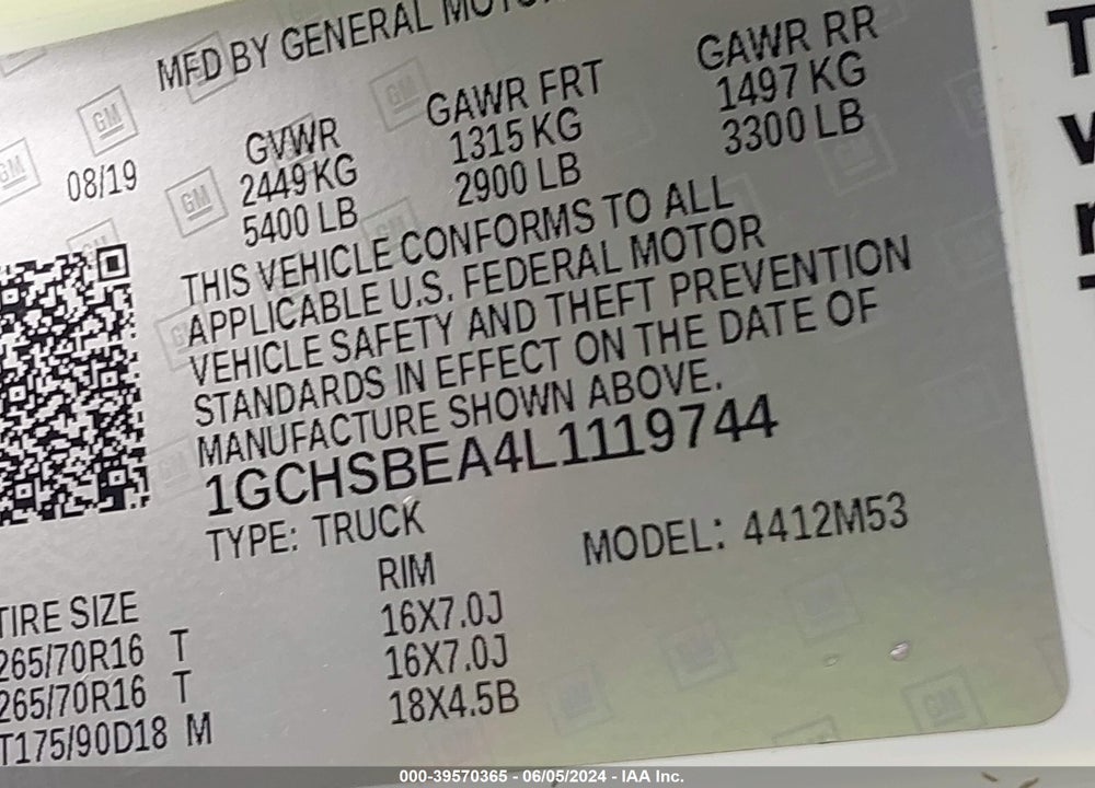 2020 CHEVROLET COLORADO 2WD LONG BOX WT VIN: 1GCHSBEA4L1119744