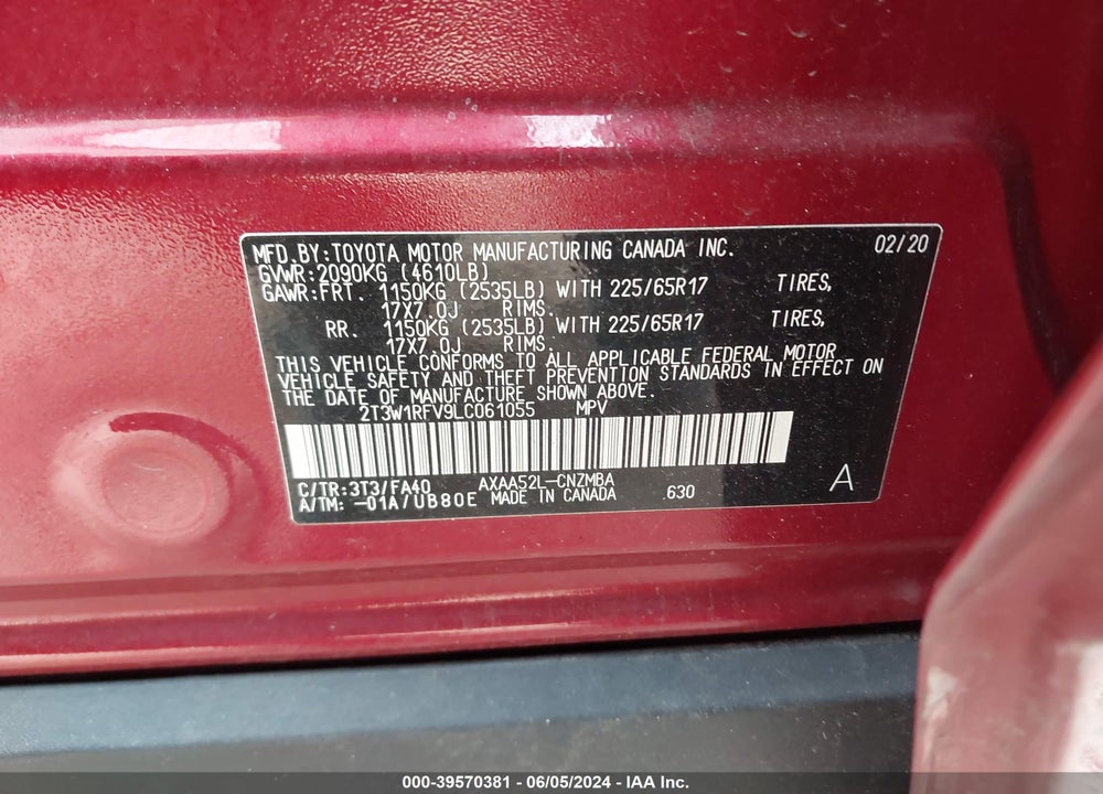 2020 TOYOTA RAV4 XLE VIN: 2T3W1RFV9LC061055