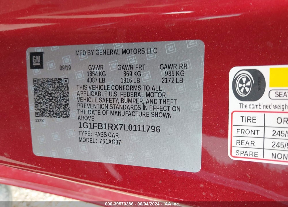 2020 CHEVROLET CAMARO RWD 1LS VIN: 1G1FB1RX7L0111796