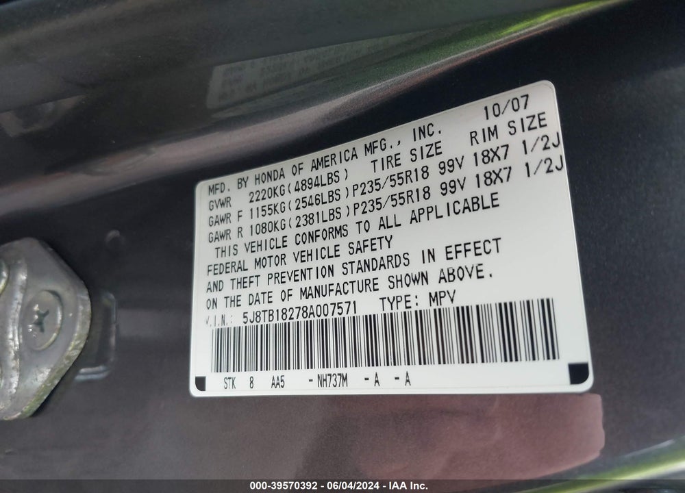 2008 ACURA RDX VIN: 5J8TB18278A007571