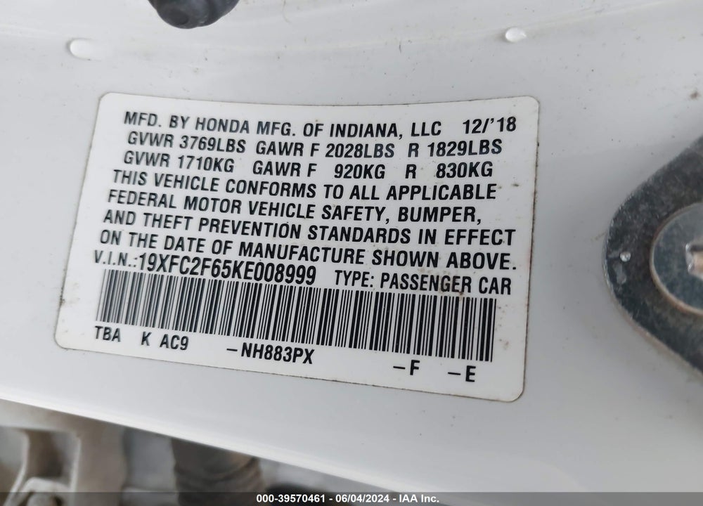 2019 HONDA CIVIC LX VIN: 19XFC2F65KE008999