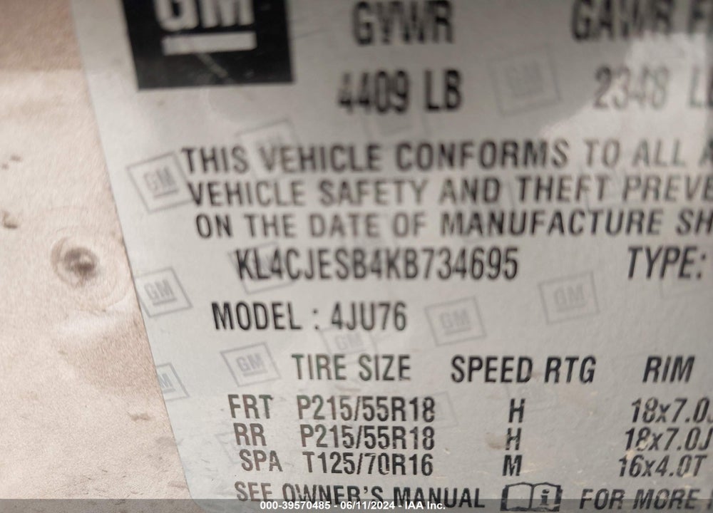 2019 BUICK ENCORE AWD PREFERRED VIN: KL4CJESB4KB734695