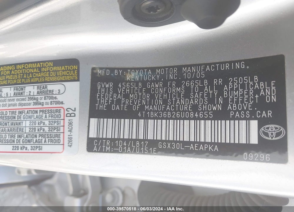 2006 TOYOTA AVALON LIMITED VIN: 4T1BK36B26U084655