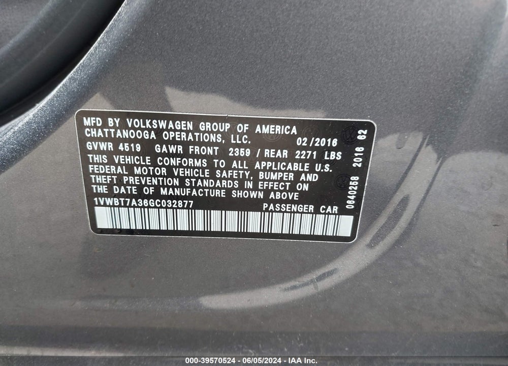 2016 VOLKSWAGEN PASSAT 1.8T SE VIN: 1VWBT7A36GC032877
