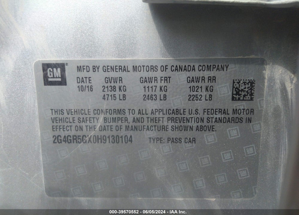 2017 BUICK REGAL TURBO PREMIUM II VIN: 2G4GR5GX0H9130104