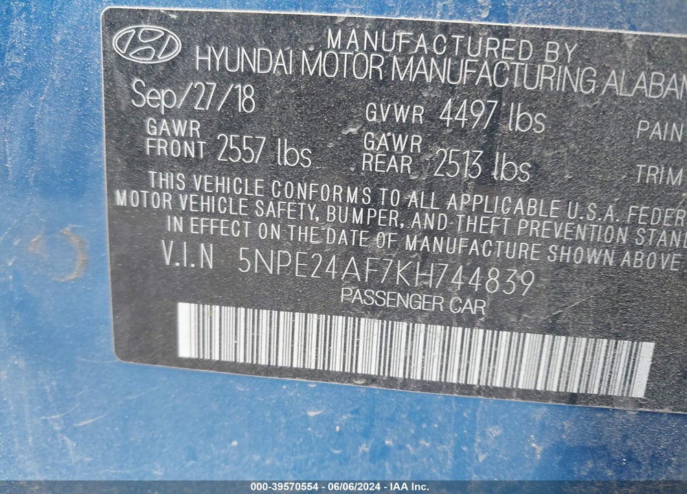 2019 HYUNDAI SONATA SE VIN: 5NPE24AF7KH744839
