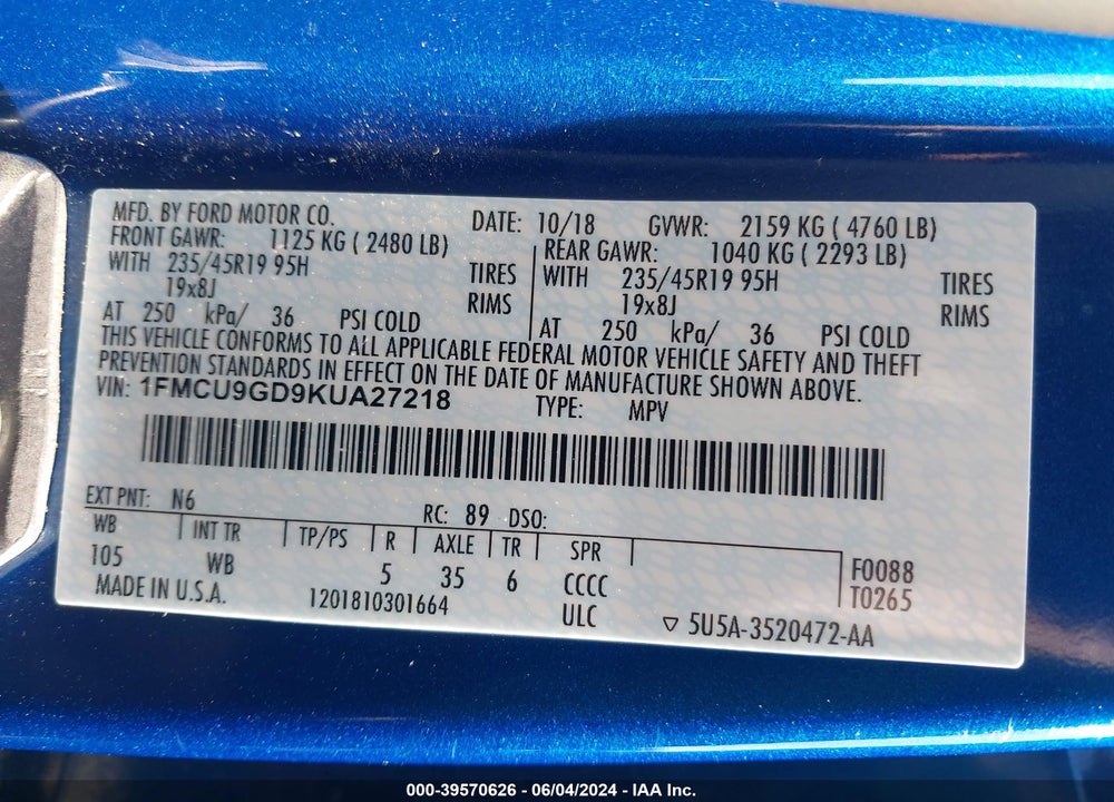 2019 FORD ESCAPE SE VIN: 1FMCU9GD9KUA27218