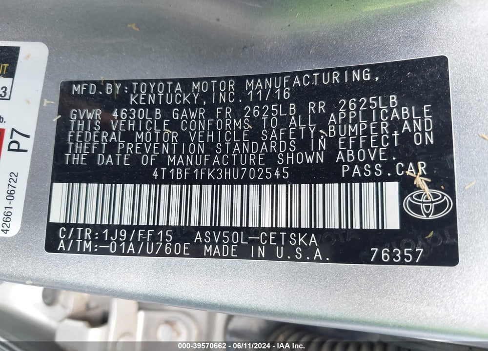 2017 TOYOTA CAMRY SE VIN: 4T1BF1FK3HU702545