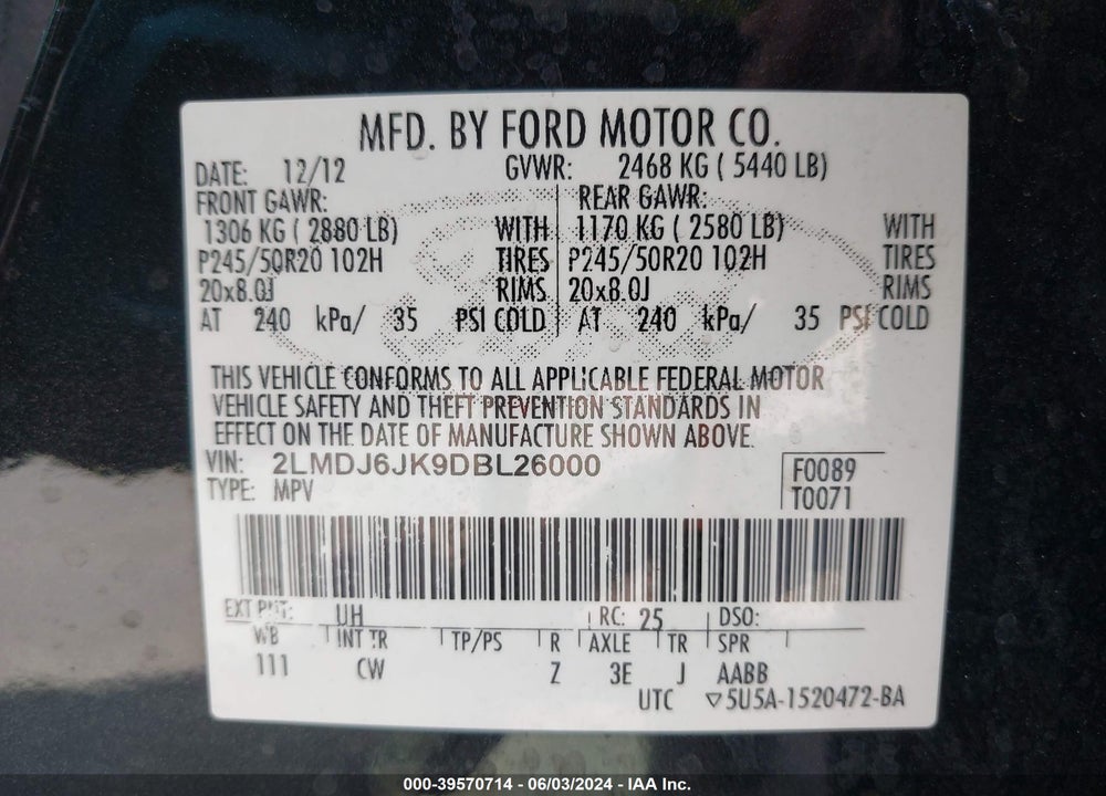 2013 LINCOLN MKX VIN: 2LMDJ6JK9DBL26000