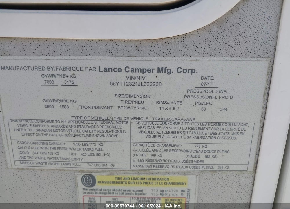 2018 LANCE OTHER VIN: 56YTT2321JL322238