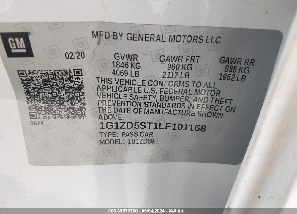2020 CHEVROLET MALIBU FWD LT VIN: 1G1ZD5ST1LF101168