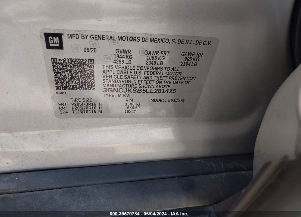 2020 CHEVROLET TRAX FWD LS VIN: 3GNCJKSB5LL281425