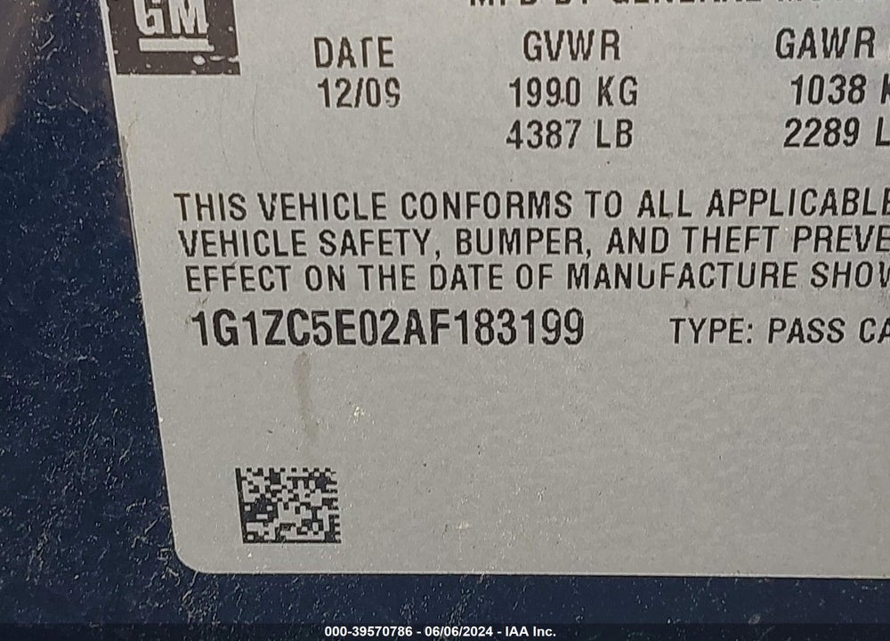 2010 CHEVROLET MALIBU LT VIN: 1G1ZC5E02AF183199