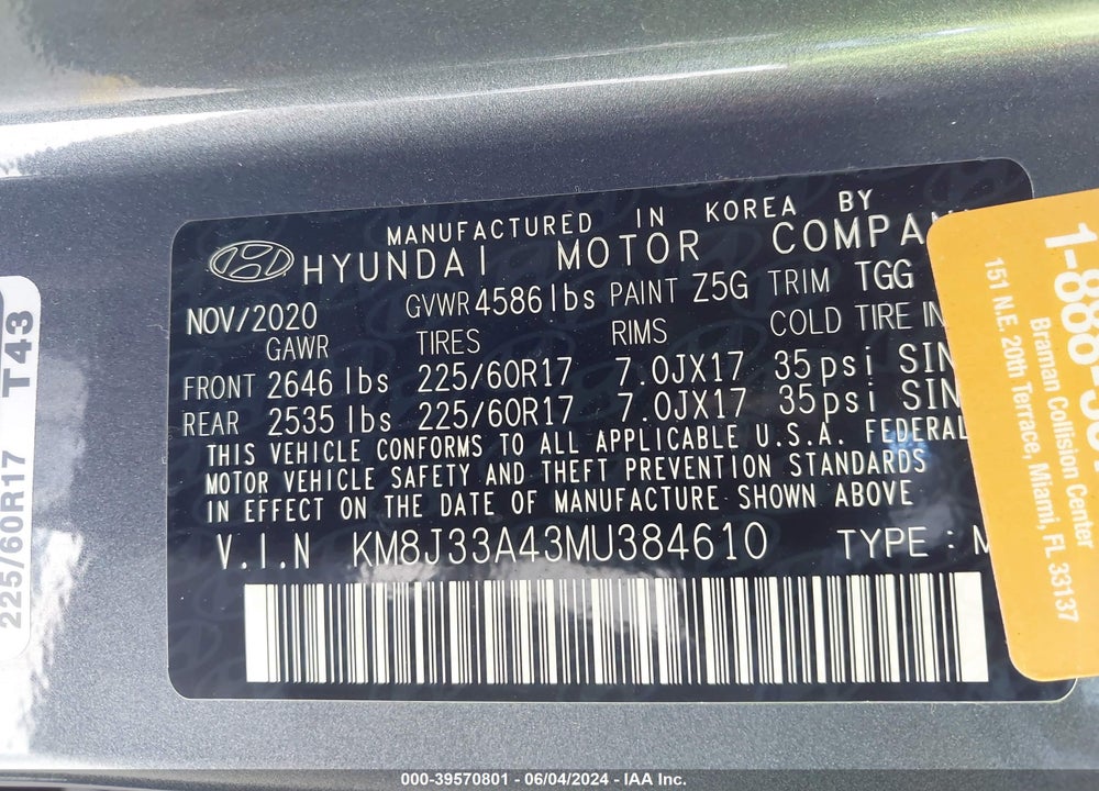 2021 HYUNDAI TUCSON VALUE VIN: KM8J33A43MU384610