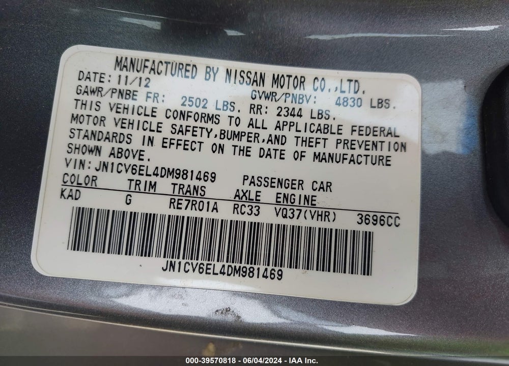 2013 INFINITI G37X VIN: JN1CV6EL4DM981469