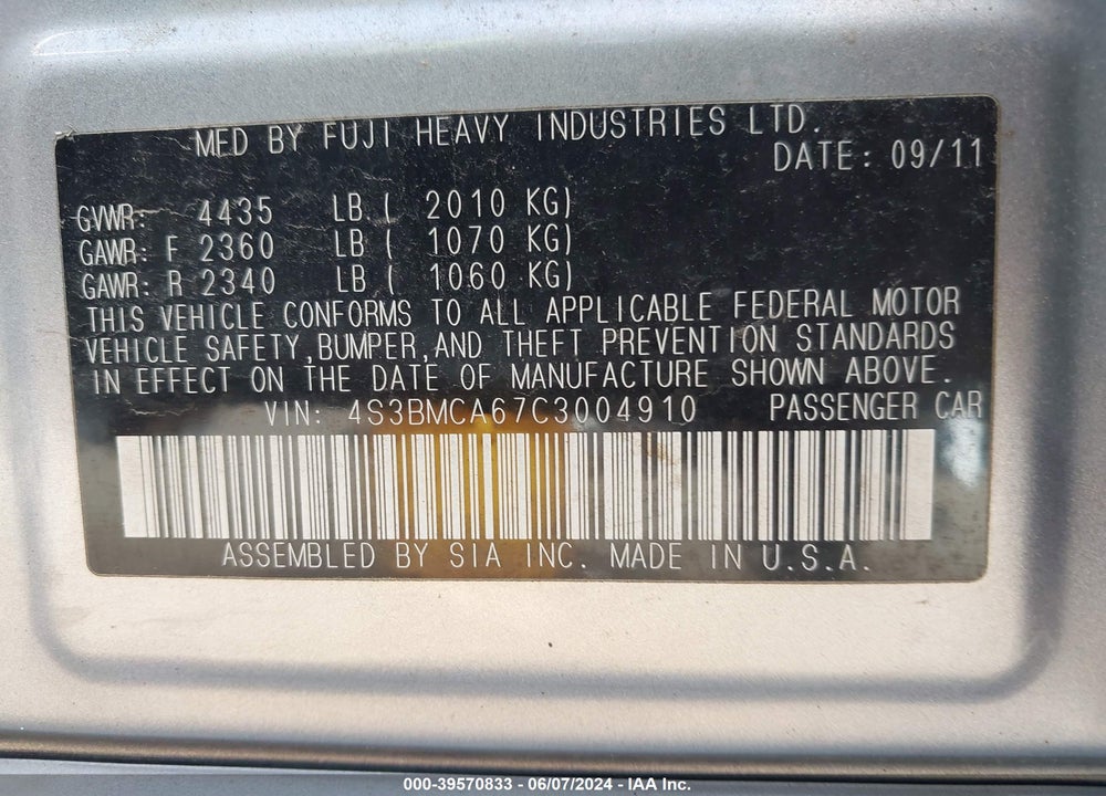 2012 SUBARU LEGACY 2.5I VIN: 4S3BMCA67C3004910