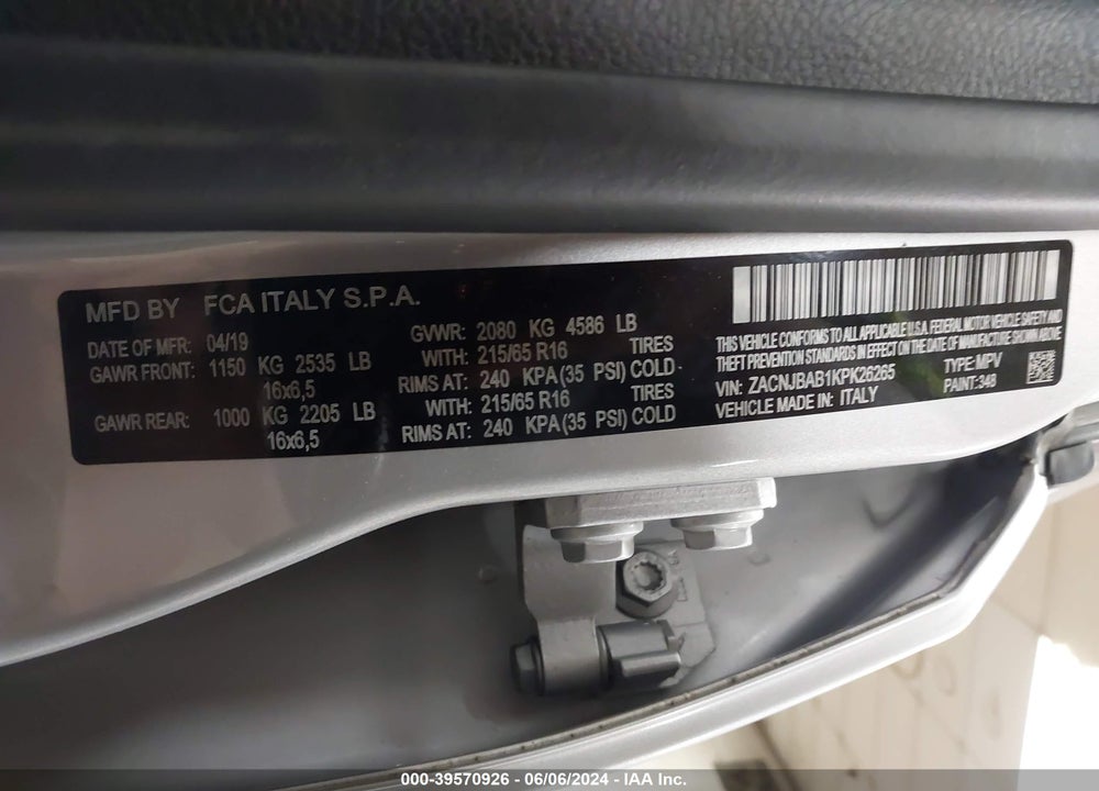2019 JEEP RENEGADE SPORT 4X4 VIN: ZACNJBAB1KPK26265