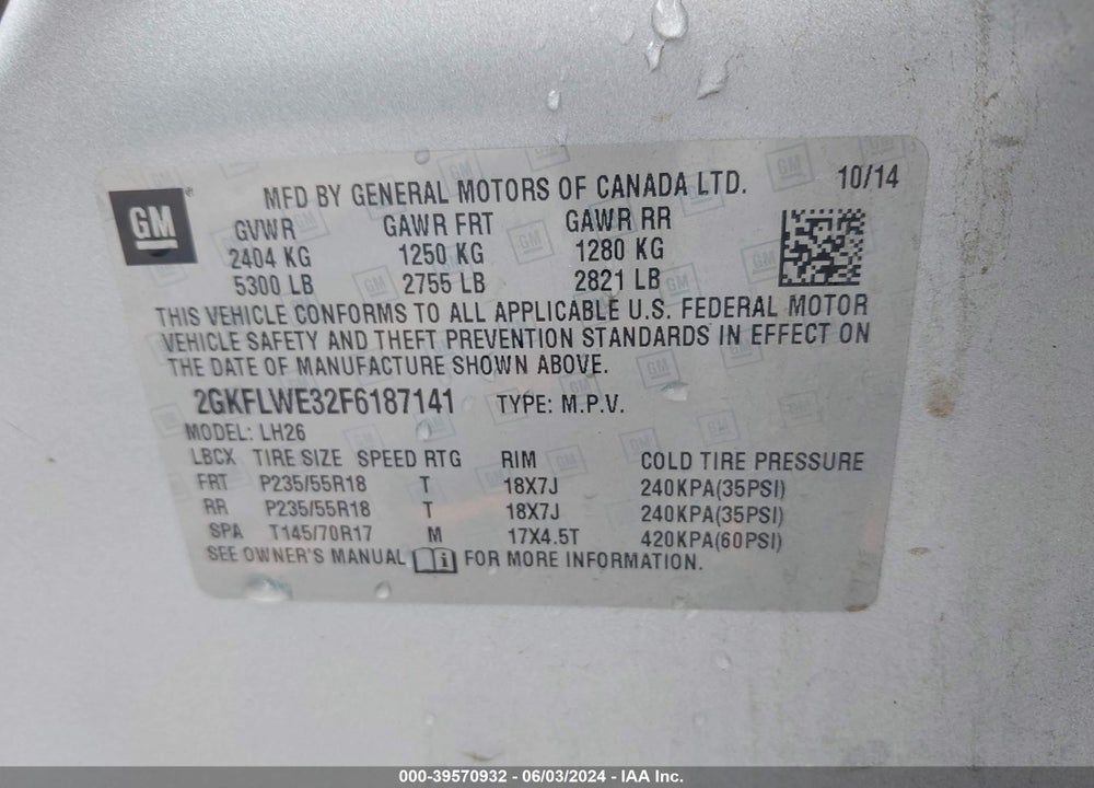 2015 GMC TERRAIN SLE-2 VIN: 2GKFLWE32F6187141