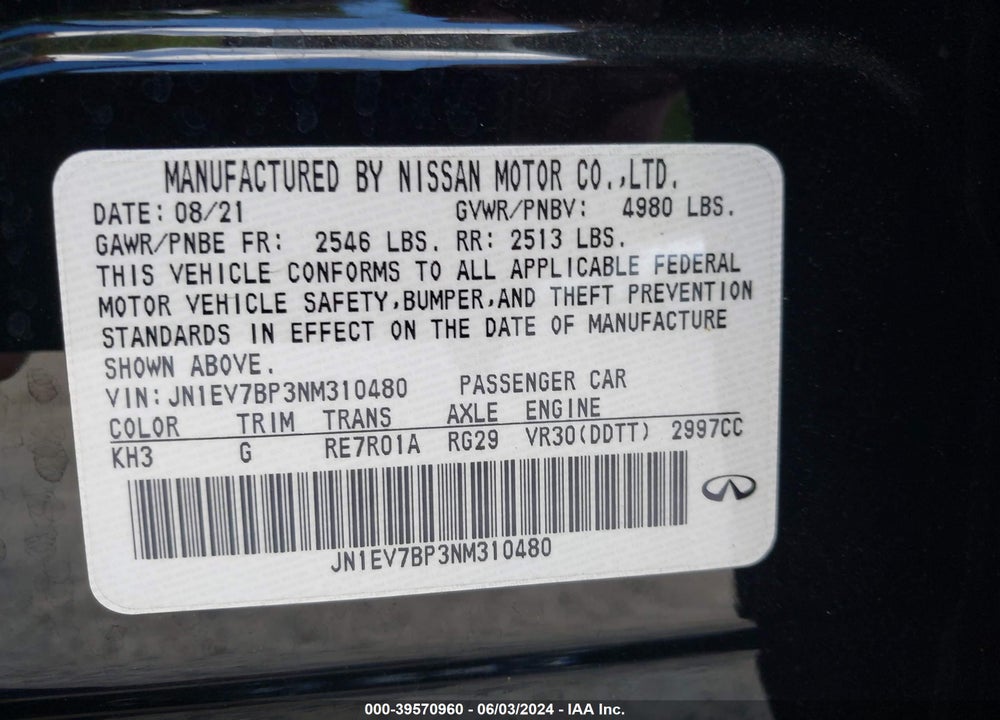 2022 INFINITI Q50 LUXE VIN: JN1EV7BP3NM310480