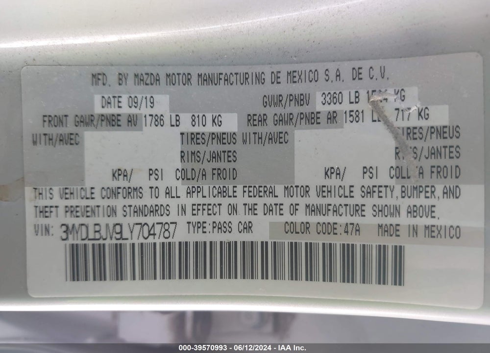 2020 TOYOTA YARIS LE VIN: 3MYDLBJV9LY704787