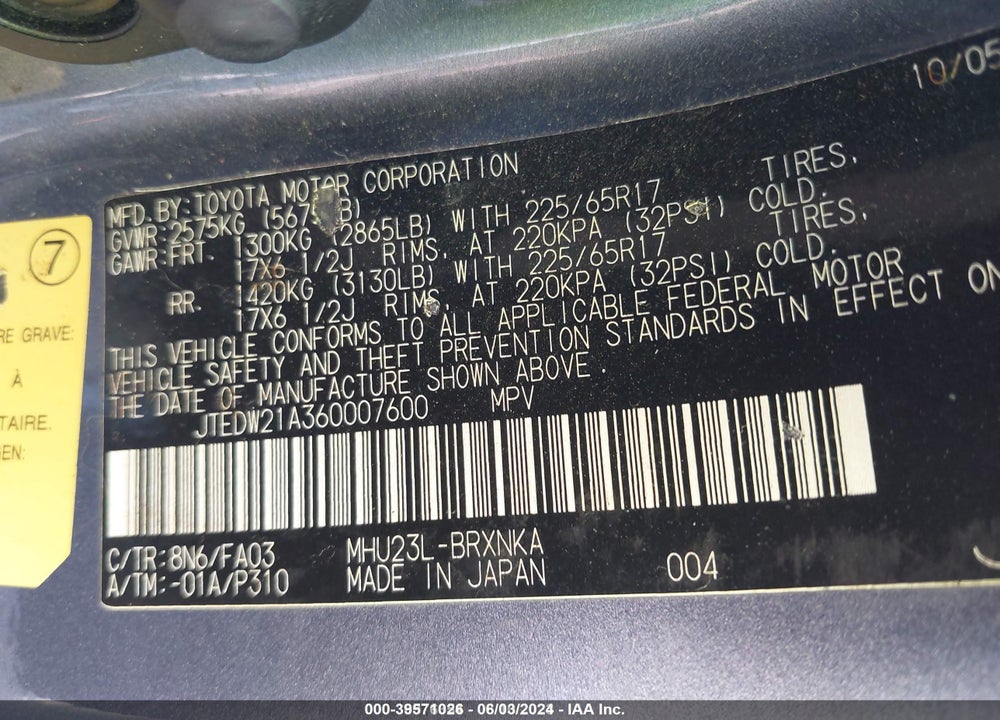 2006 TOYOTA HIGHLANDER HYBRID V6 VIN: JTEDW21A360007600