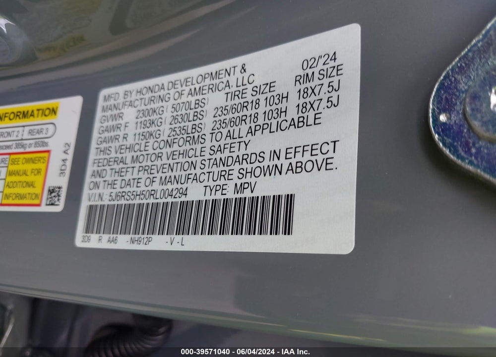 2024 HONDA CR-V HYBRID SPORT VIN: 5J6RS5H50RL004294