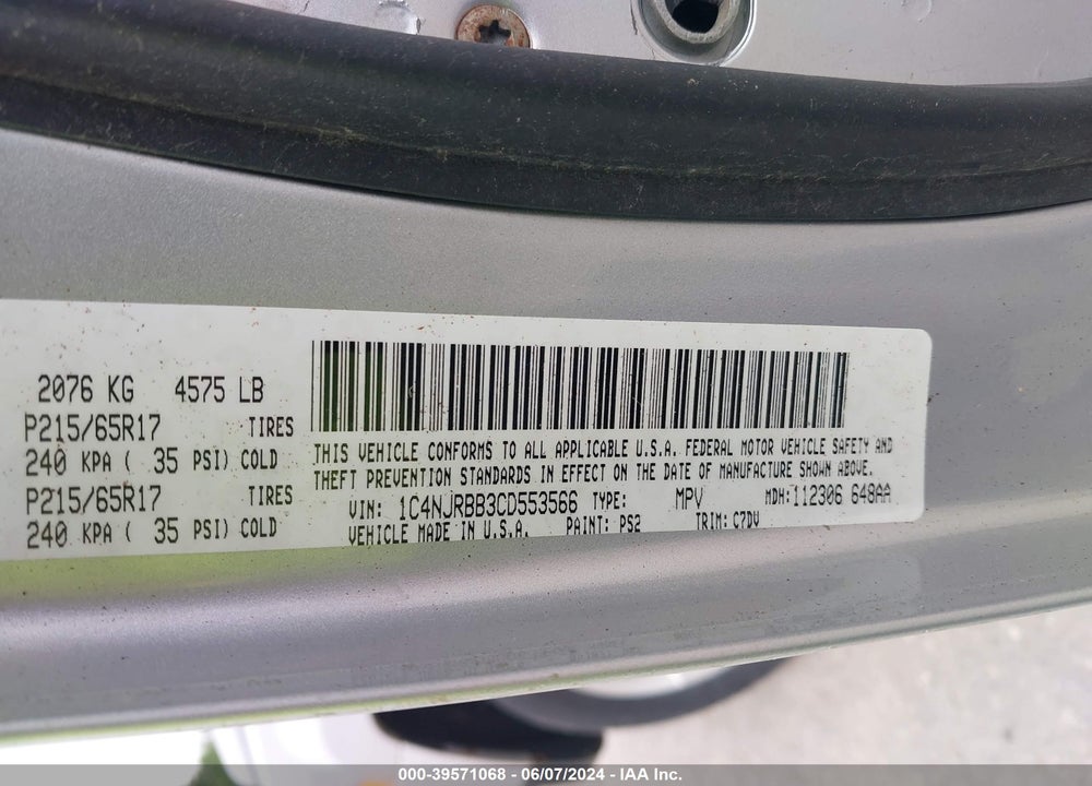 2012 JEEP PATRIOT SPORT VIN: 1C4NJRBB3CD553566