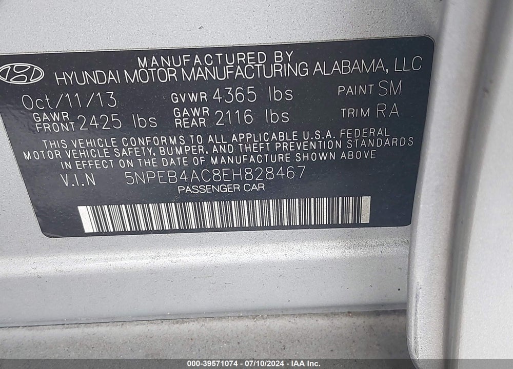 2014 HYUNDAI SONATA GLS VIN: 5NPEB4AC8EH828467