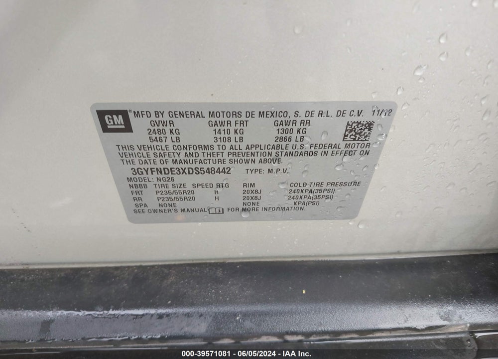 2013 CADILLAC SRX PERFORMANCE COLLECTION VIN: 3GYFNDE3XDS548442